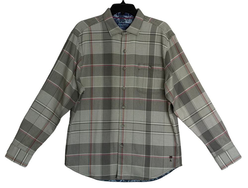 Tommy Bahama Shirt Men's Large Canyon Beach Flannel Smoke Grey Plaid NWT